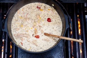 Hähnchen in Weissweinsauce aus dem Dutch Oven Gasgrill offen